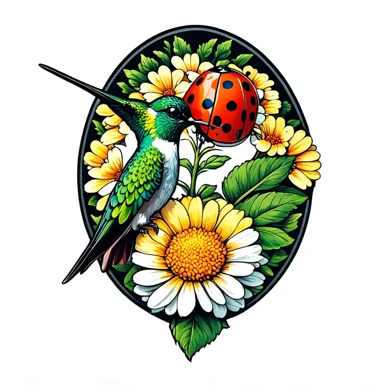 Hummingbird On Chrysanthemum With Ladybug