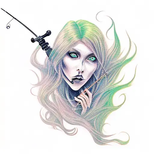 A Gothic Tattoo Of A Mysterious Woman With Flowing Hair Holding A Fishing Rod