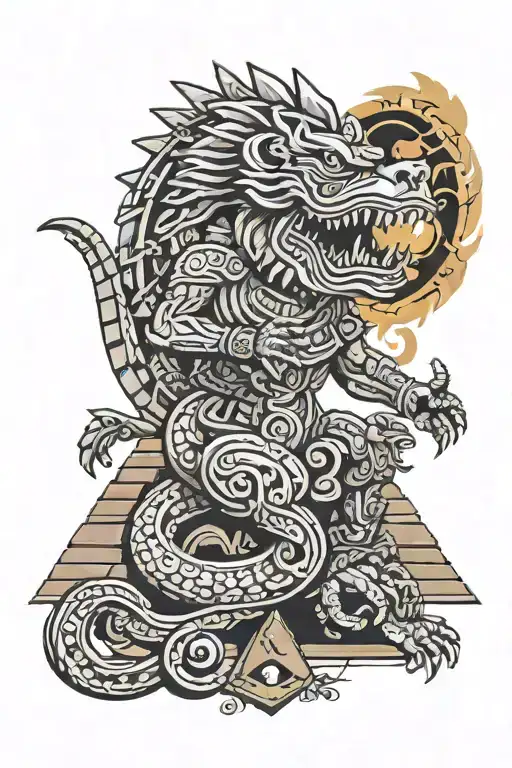 Aztec God Quetzalcoatl With Mayan Pyramids Sun Moon