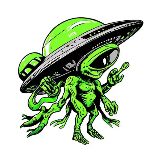 An Alien And Ufo Black And White And Green