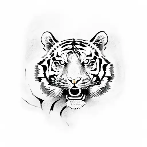 Tiger And Tree In Japanese Ink Style