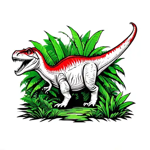 A Dinosaur In A Jungle In Black White And Red And Green