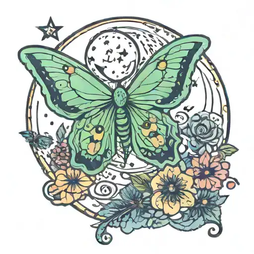 Delicate And Colorful Illustrative Luna Moth With Moon And Stars