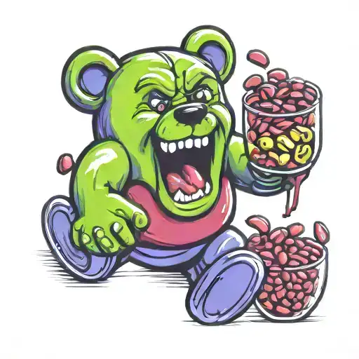 Gummy Bear With Angry Face And Holding Kidney Beans