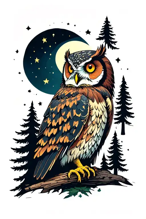Shap Of An Owl And Starts Moon And Pine Trees Inside