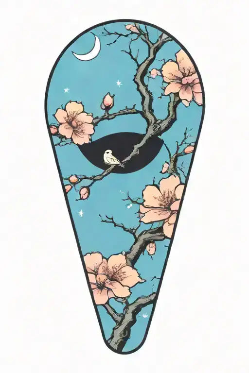 Sakura Tree With Flowers And Moon Background