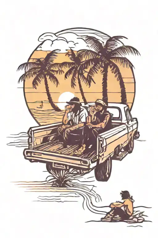 2 Silhouettes Sitting In A Truck Bed Watching The Sunset On A Beach Add Palm Trees
