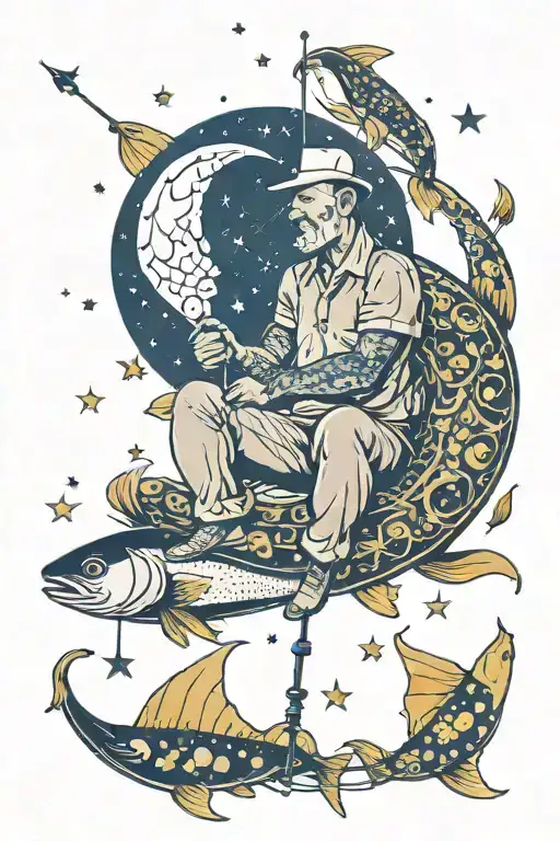 Man Sitting On Crescent Moon With Fishing Pole Surrounded By Fish And Stars