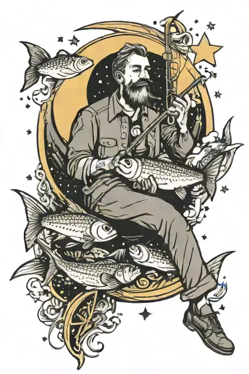 Man Sitting On Crescent Moon With Fishing Pole Surrounded By Fish And Stars