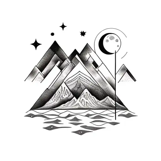 Nature Tattoo With Mountains And Landscape In Picasso's Starry Nights Style