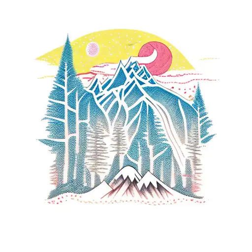 Nature Tattoo With Mountains And Landscape In Picasso's Starry Nights Style