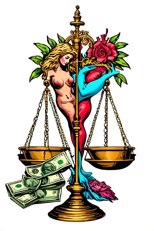 Libra Scale With Women And Money On One Side And Heart And Soul On The Other Side