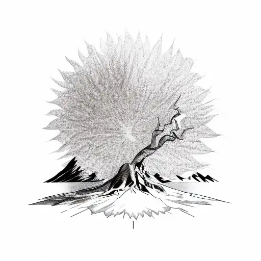 Mountain And Tree With Sun