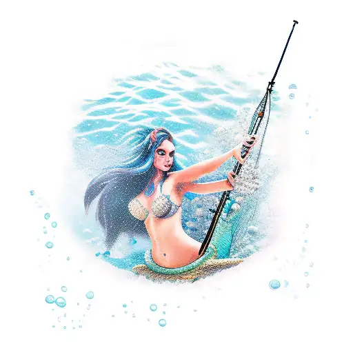Underwater Spearfishing Scene With A Mermaid