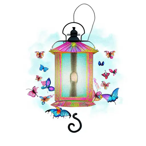 Flamingo With Butterflies And A Lantern