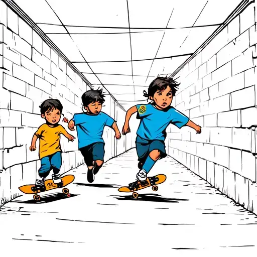 Children With Skateboards Running Away From The Police In An Alley