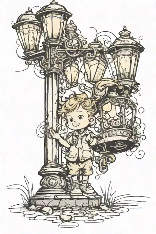 A Little Boy Stands Near A Lamppost That Shines With Magical Light