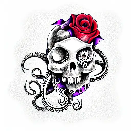 Purple Octopus With Black Skull And Red Rose In Tentacle