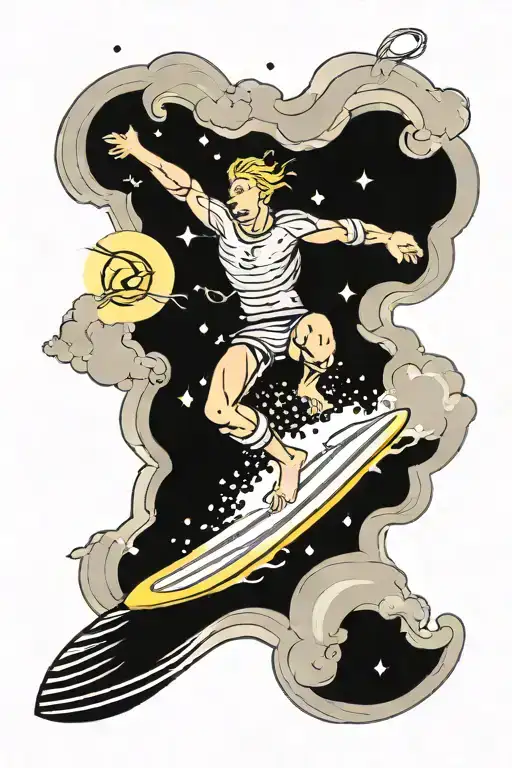Miniature Man Surfing A Large Wave In A Storm With Lightning With Anchor And Planets For Upper Arm
