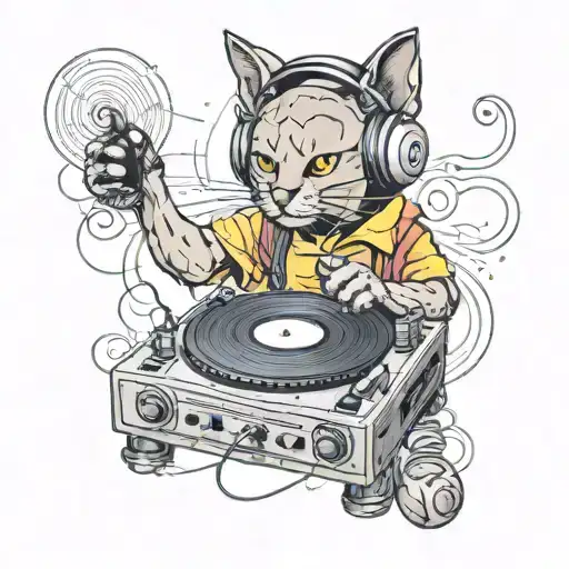 A New-school Illustration Of A Cat Wearing Headphones And Djing On A Turntable