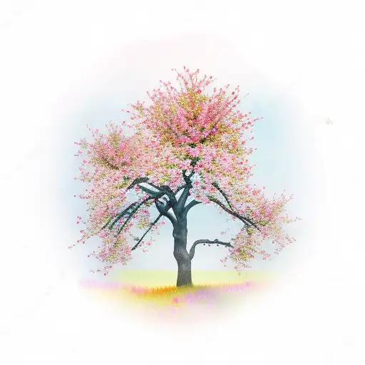 Sunny Spring Flowering Plum Tree Orchard With Flowering Red Tulips