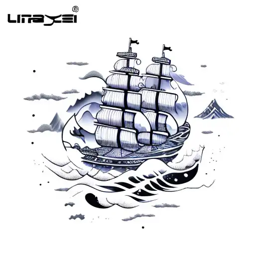 Yin Yang Pirate Ship Ocean Waves Mountain