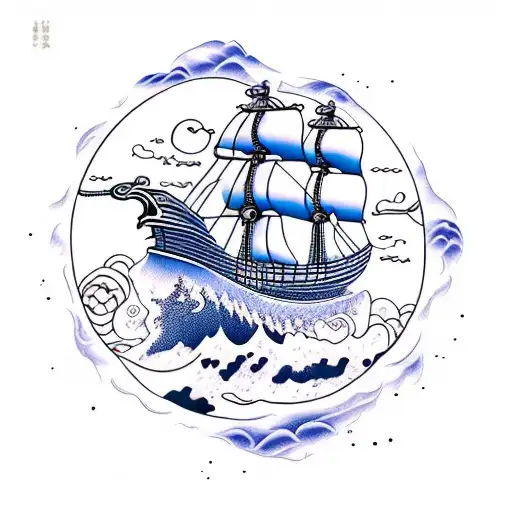 Yin Yang Pirate Ship Ocean Waves Mountain