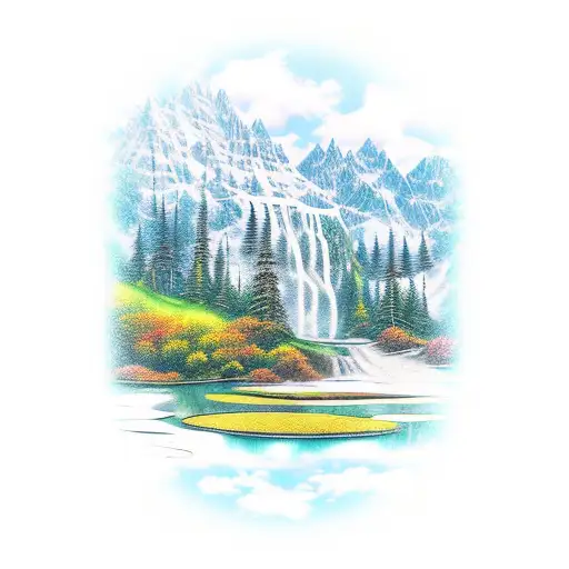 Mountains With Waterfall That Flows Down Onto A Pond