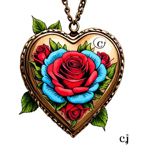 Red And Blue Roses Heart Shaped Locket With Initial Cj