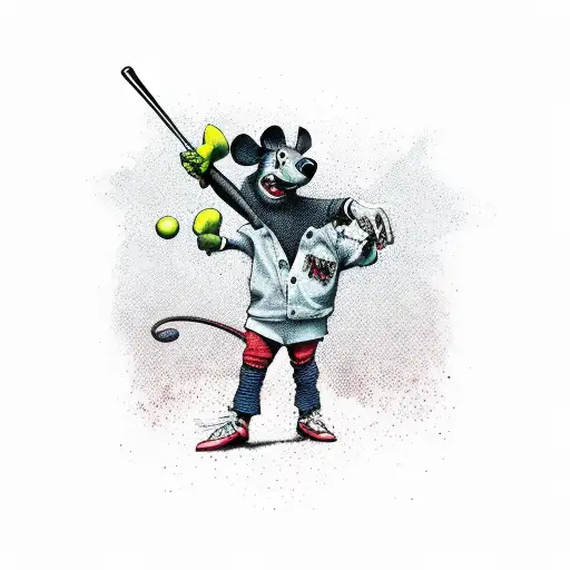 Punk And Fearless Mouse Dressing With An Old And Dirty Suit While Holding A Baseball Bat