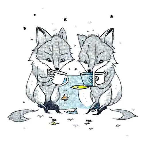 Cute Cartoon Fox Kit And Wolf Pup In Halloween Costumes Drinking Butterbeer Together