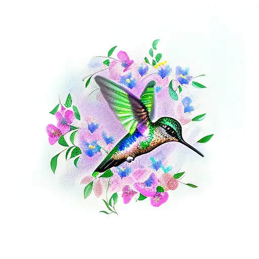 Hummingbird And Garden Of Flowers