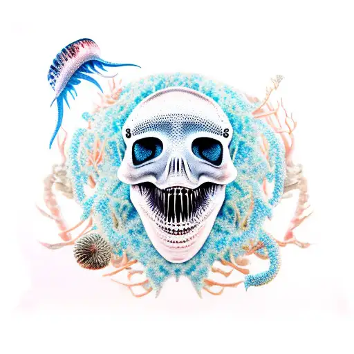 Jellyfish With A Great White Shark Skeleton In Coral