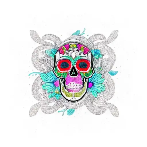A Vibrant Bouquet Of Flowers Intertwined With Intricate Skull Designs