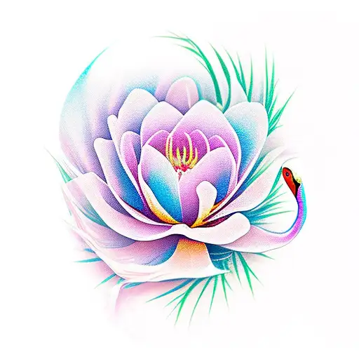 Flamingo With Aster And Morning Glory Flowers