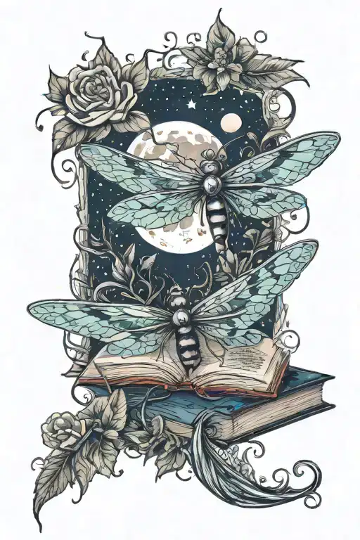 An Book Entwined With Blooming Flowers And Dragonflies Under A Full Moon