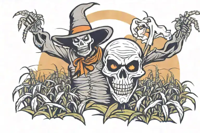 Scary Corn Field With Scare Crow In The Background And A Ghost