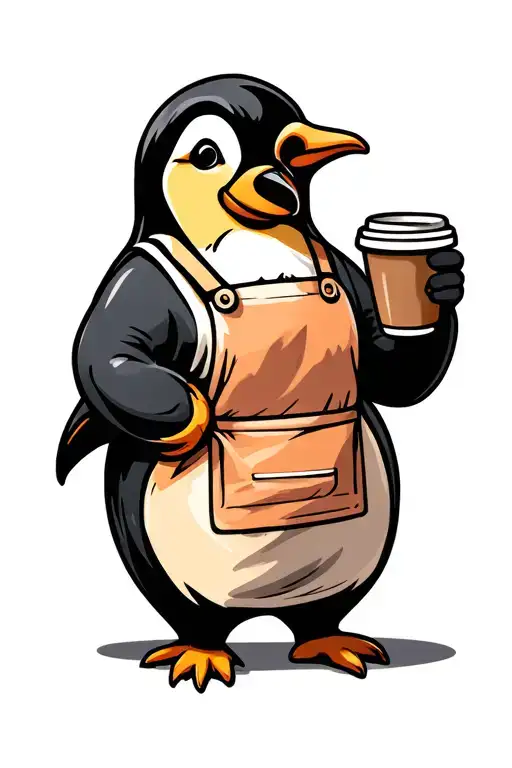 Female Penguin Holding A Coffee Cup Wearing An Apron