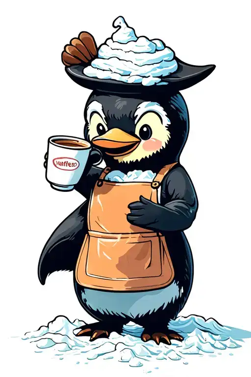 Female Penguin Holding A Coffee Cup Wearing An Apron Covered In Flour