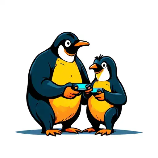 Dad And Son Penguin Playing Video Games