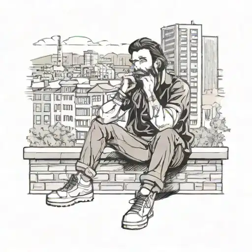 Young Man With Black Hair And Beard Smokes Sitting On A Low Wall Against A City Background