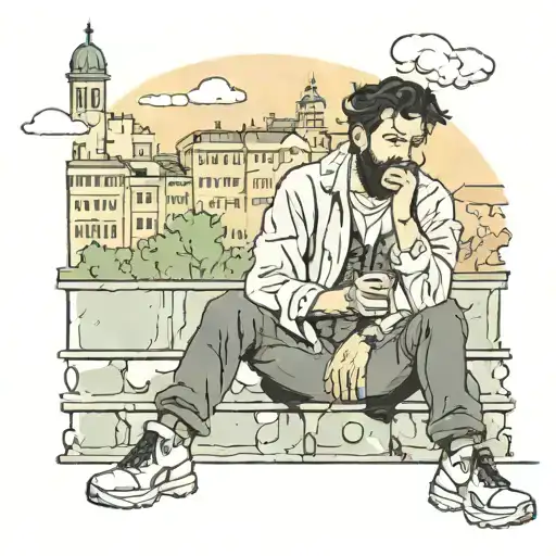 Young Man With Black Hair And Beard Smokes Sitting On A Low Wall Against A City Background