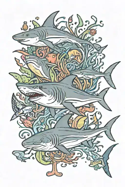 A Shark Swimming With A Stingray Surrounded By Sea Creatures And Colorful Coral