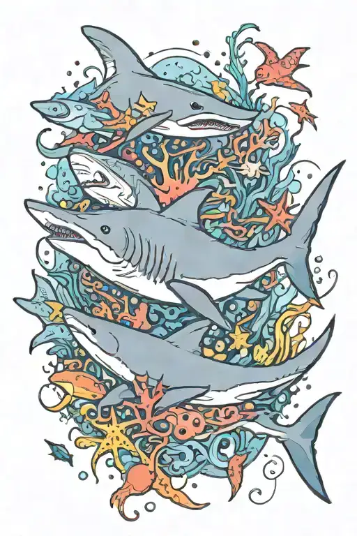 A Shark Swimming With A Stingray Surrounded By Sea Creatures And Colorful Coral