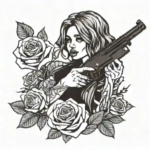 Roses And Girl Holding A Gun