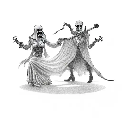 The Grim Reaper Dancing With A Woman In Front Of A Coffin