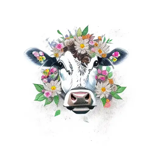 Brown And White Cow With Flowers