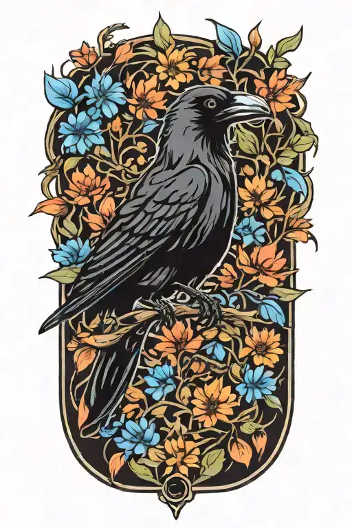 A New-school Design Of A Black Crow Surrounded By Cornflowers And Oak Tree Leaves