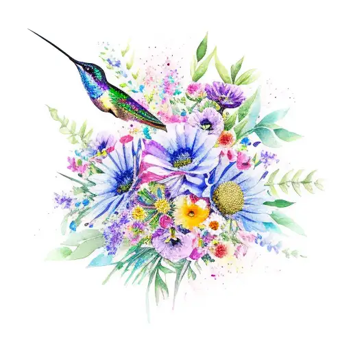 A Vibrant Watercolor Bouquet Of Flowers With A Hidden Hummingbird Nestled Among The Petals