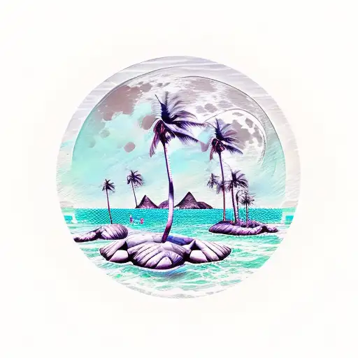 Black And White Moon Stars Sea Beach Palmtrees Night